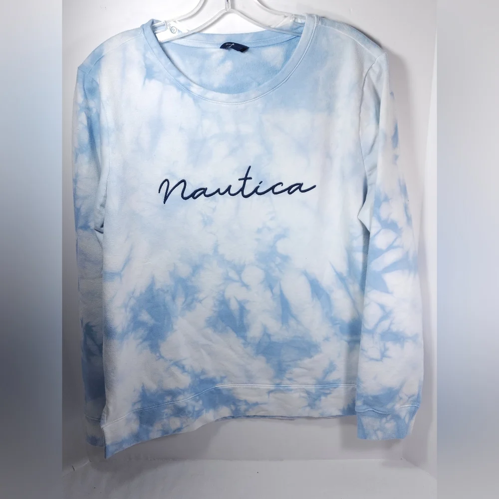 Nautica Women's Tie Dye Sky Theme Crew Neck Sweatshirt Size Large Blue / White - Picture 1 of 11